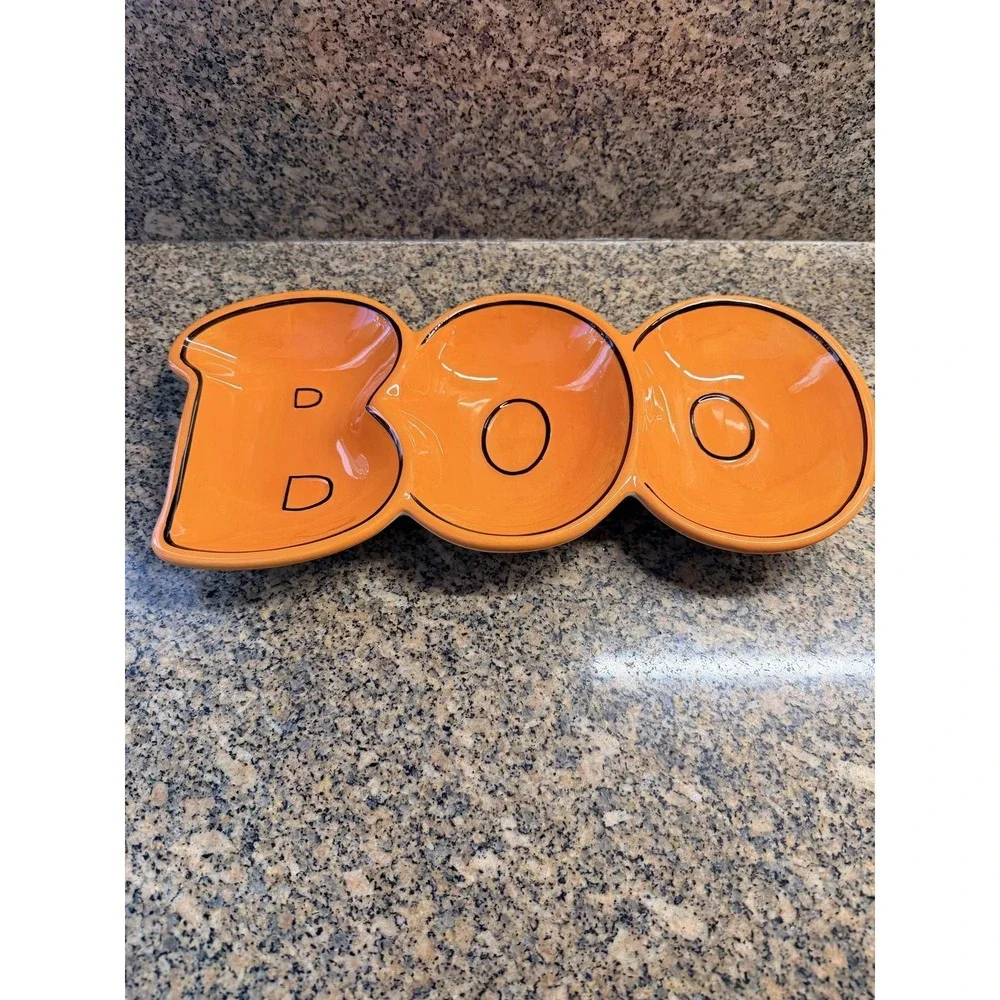 HaloWeen Boo Orange Ceramic Serving Tray 3 Section Halloween Candy Bowl Dish